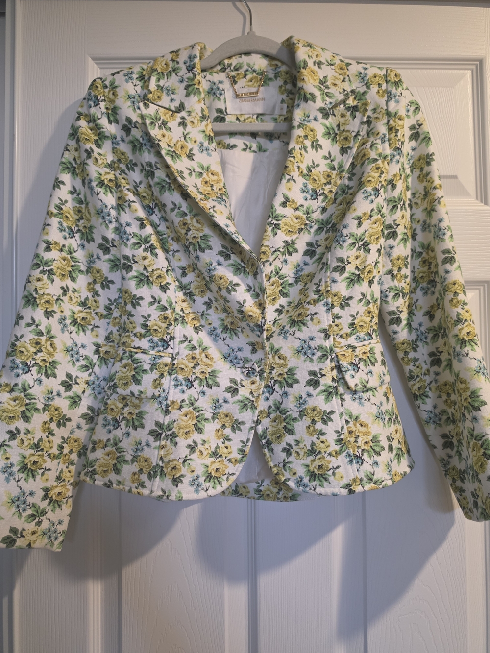 Zimmermann White Blazer with Yellow Floral Print and Green Foliage